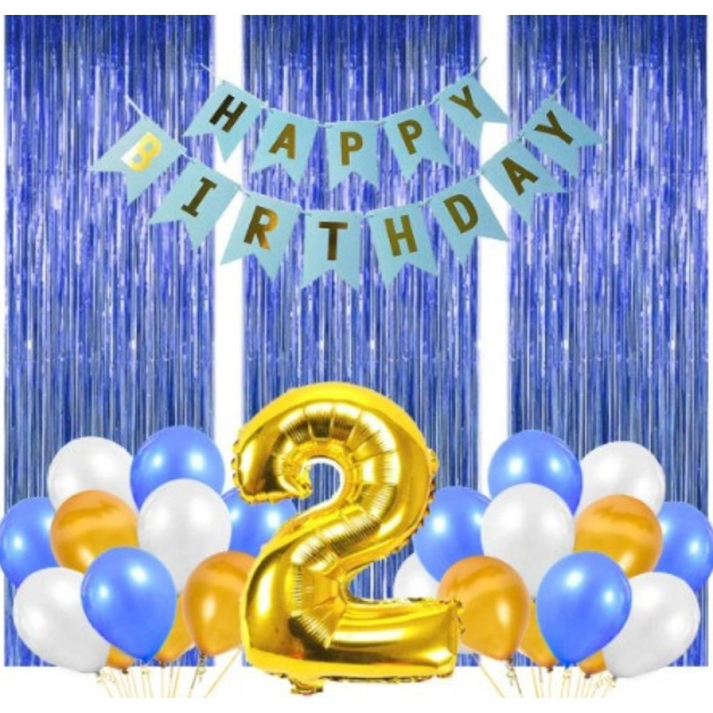 2Nd Birthday Decoration Combo Of No 2 Foil Balloons, Banner, Balloons And Curtain (Multicolor)