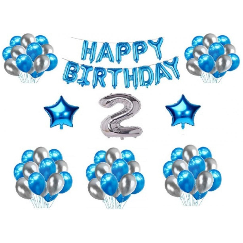 2Nd Happy Birthday Decoration Combo With Foil And Star Balloons (Blue, Silver)