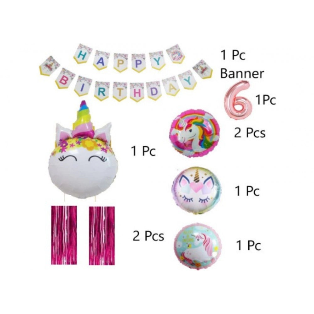 6Th Happy Birthday Decoration Combo With Unicorn Foil Balloon (Pink)