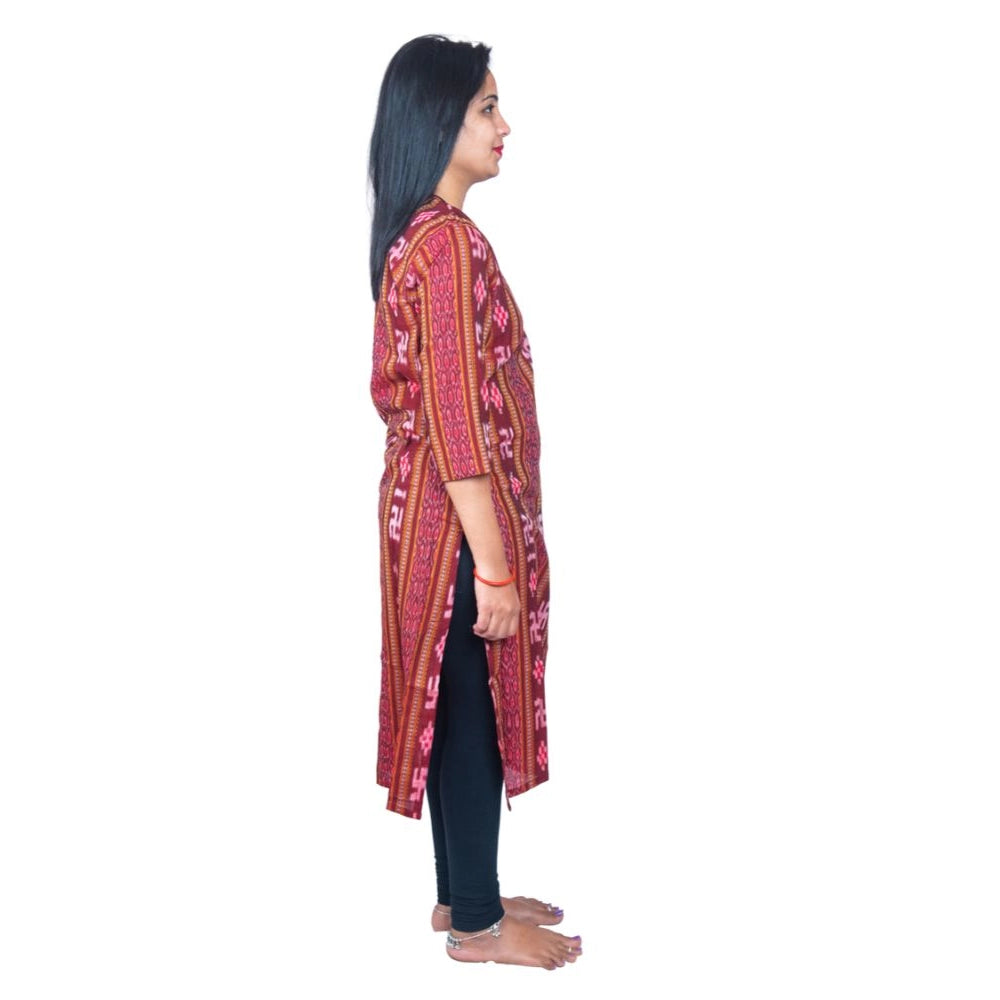 Women's Sambalpuri Certified Handloom Pure Cotton Straight Kurti (Maroon)