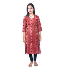 Women's Sambalpuri Certified Handloom Pure Cotton Straight Kurti (Maroon)