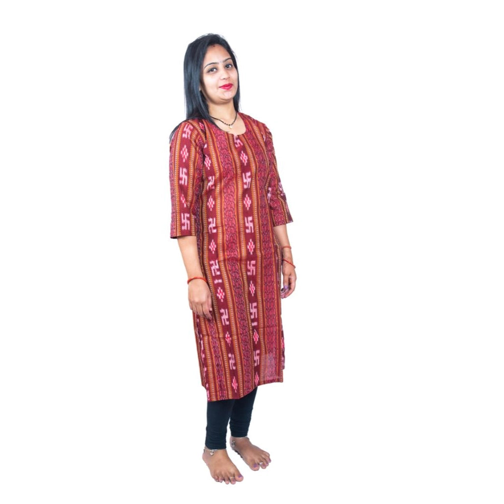 Women's Sambalpuri Certified Handloom Pure Cotton Straight Kurti (Maroon)