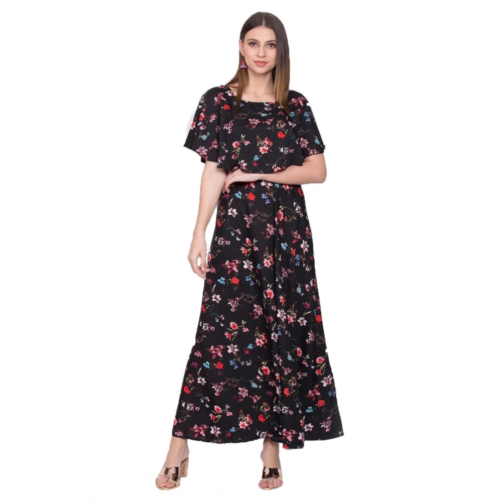 Crepe Floral Half Sleeves Full Length Gown(Black)