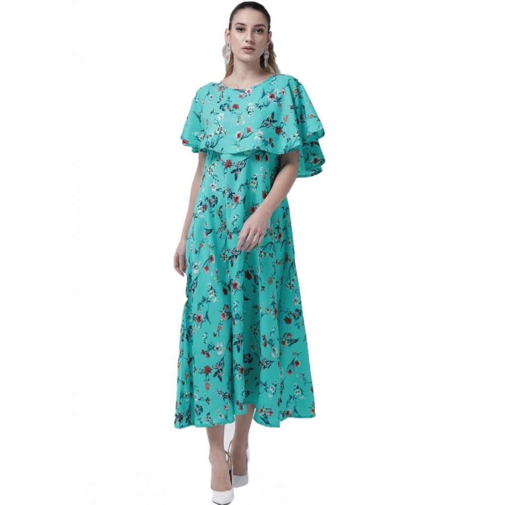 Crepe Floral Half Sleeves Full Length Gown(Turquoise)