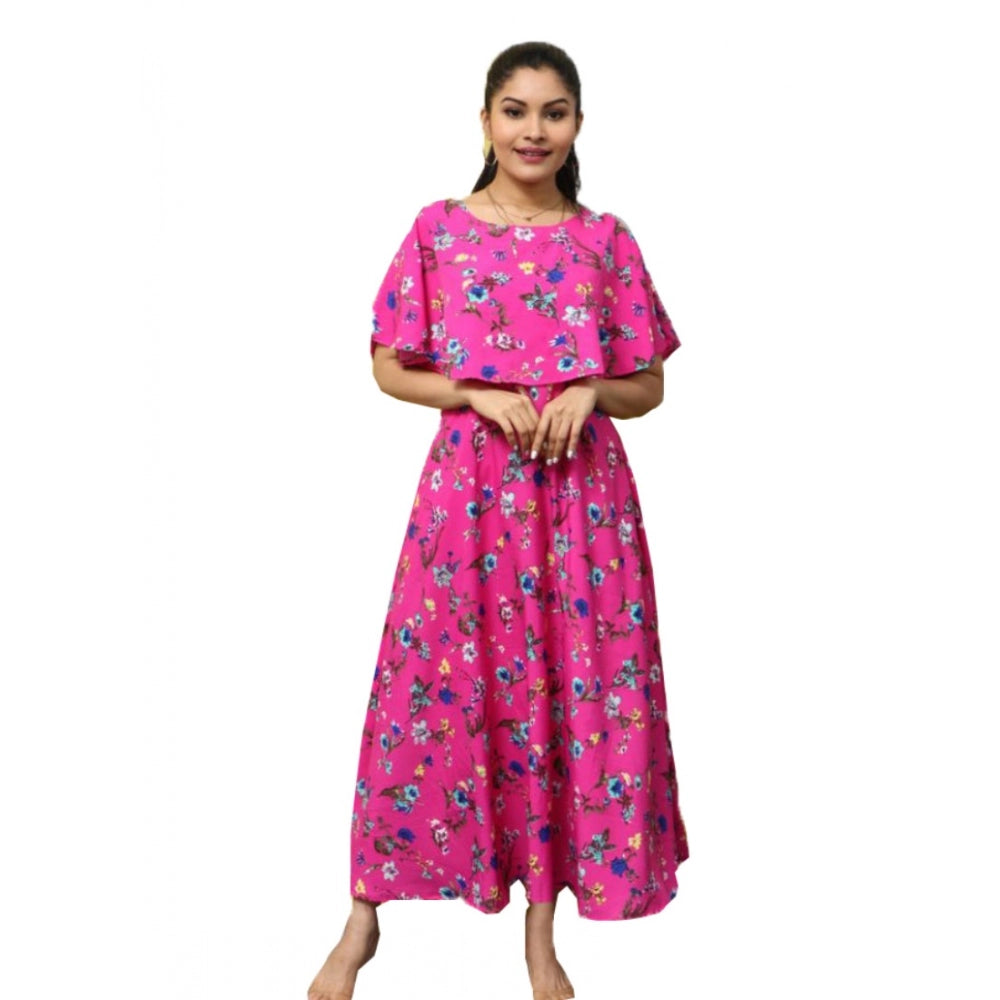 Crepe Floral Half Sleeves Full Length Gown(Pink)