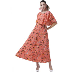 Crepe Floral Half Sleeves Full Length Gown(Orange)