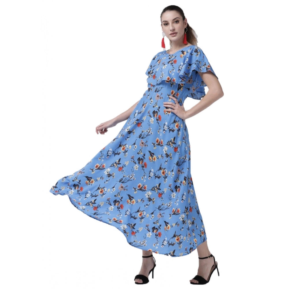 Crepe Floral Half Sleeves Full Length Gown(Blue)