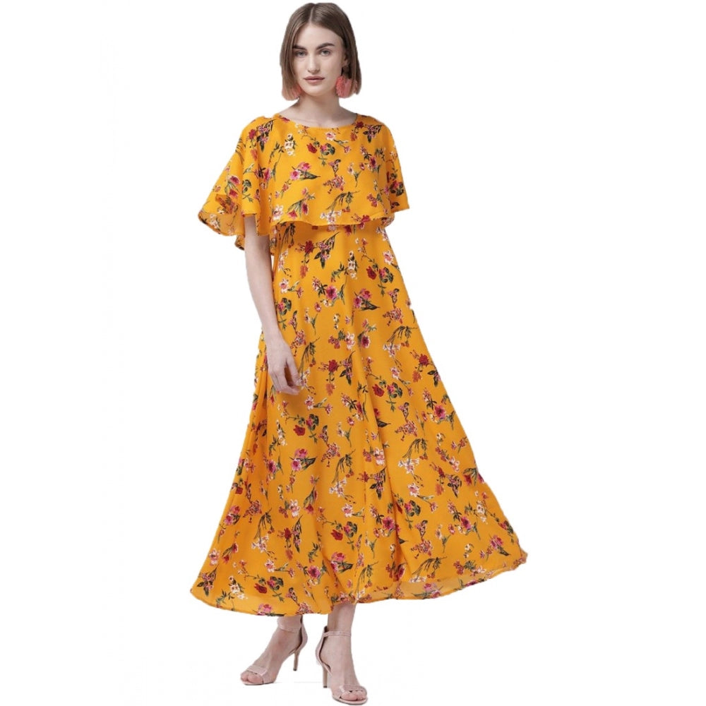 Crepe Floral Half Sleeves Full Length Gown(Yellow)