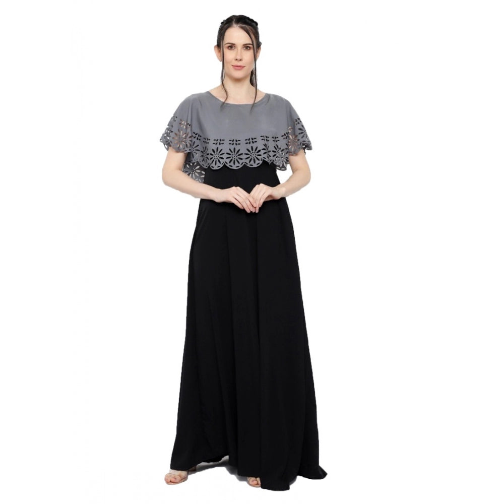 Crepe Solid Sleeveless Full Length Gown(Grey Black)