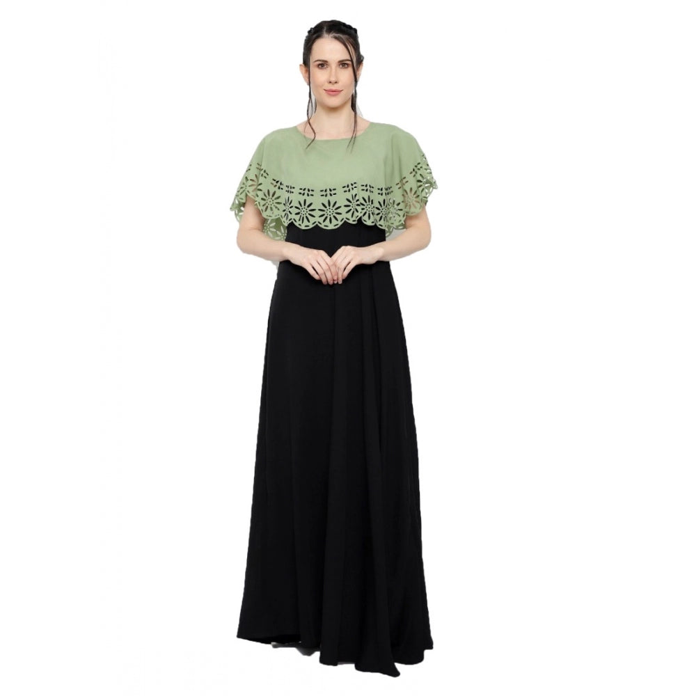 Crepe Solid Sleeveless Full Length Gown(Green Black)