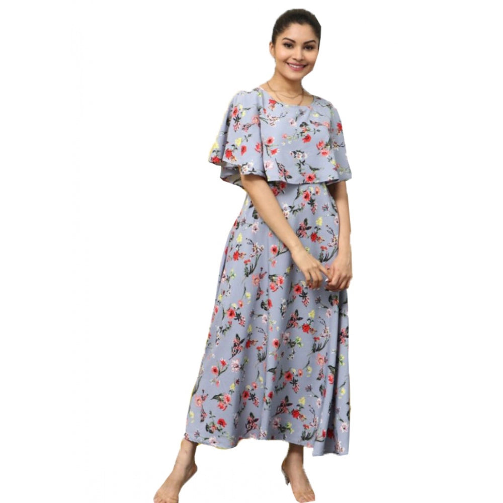 Crepe Floral Half Sleeves Full Length Gown(Light Grey)