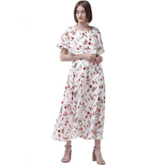 Crepe Floral Half Sleeves Full Length Gown(White)