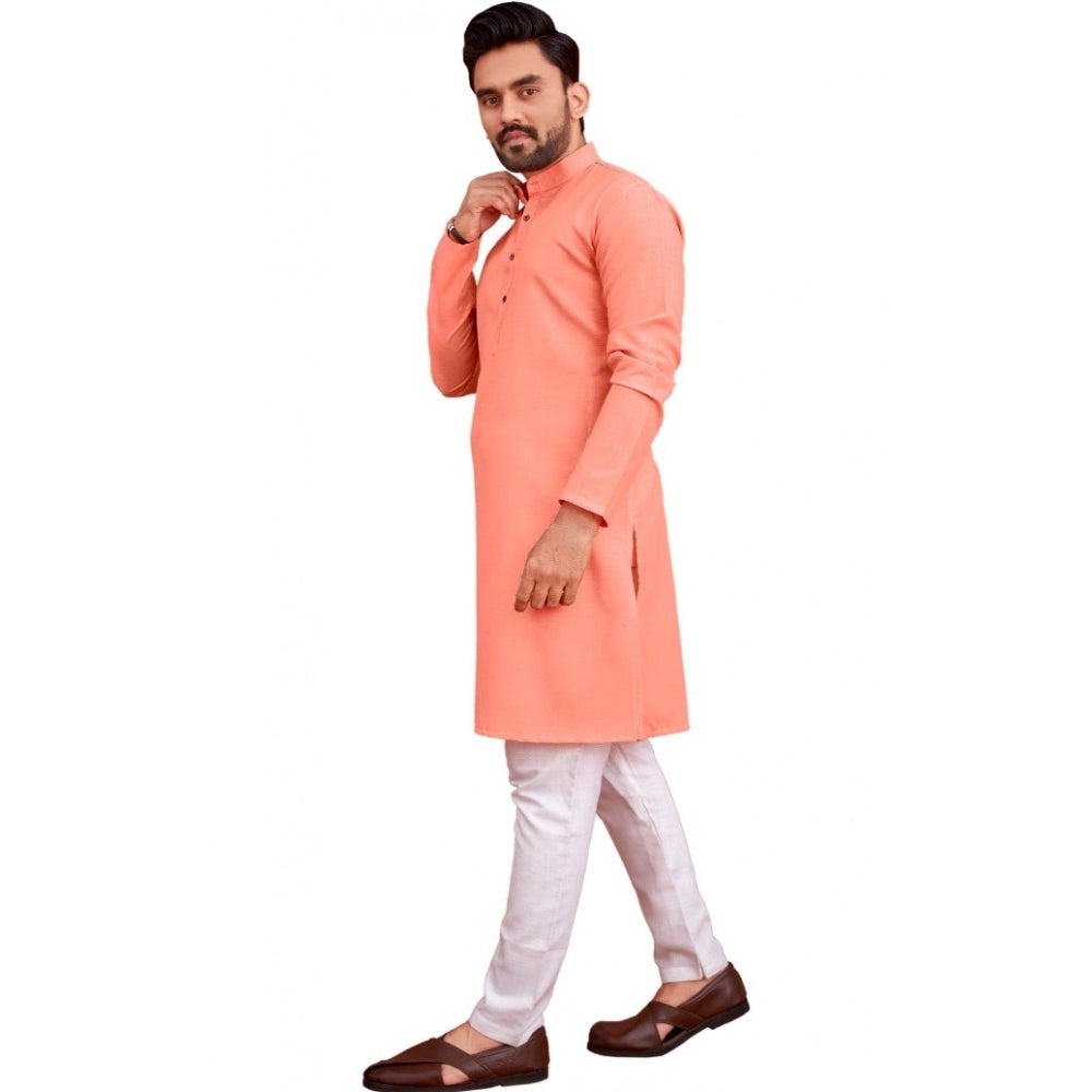 Men's Cotton Blend Solid Full Sleeve Knee Length Kurta (Pink)