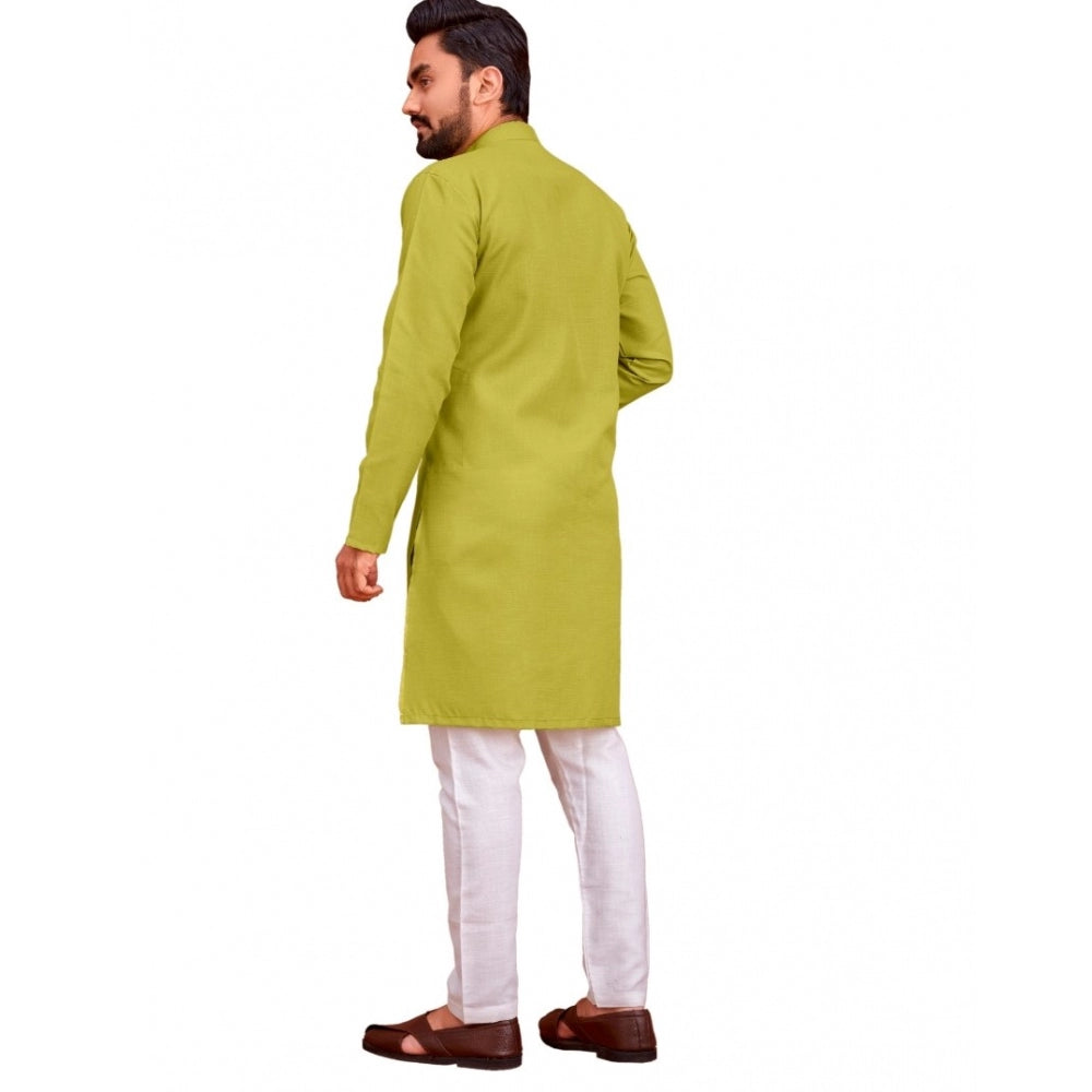 Men's Cotton Blend Solid Full Sleeve Knee Length Kurta (Green)