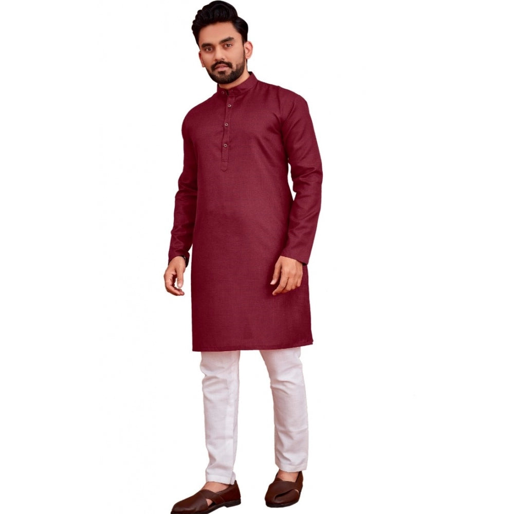 Men's Cotton Blend Solid Full Sleeve Knee Length Kurta (Maroon)