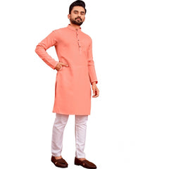 Men's Cotton Blend Solid Full Sleeve Knee Length Kurta (Pink)