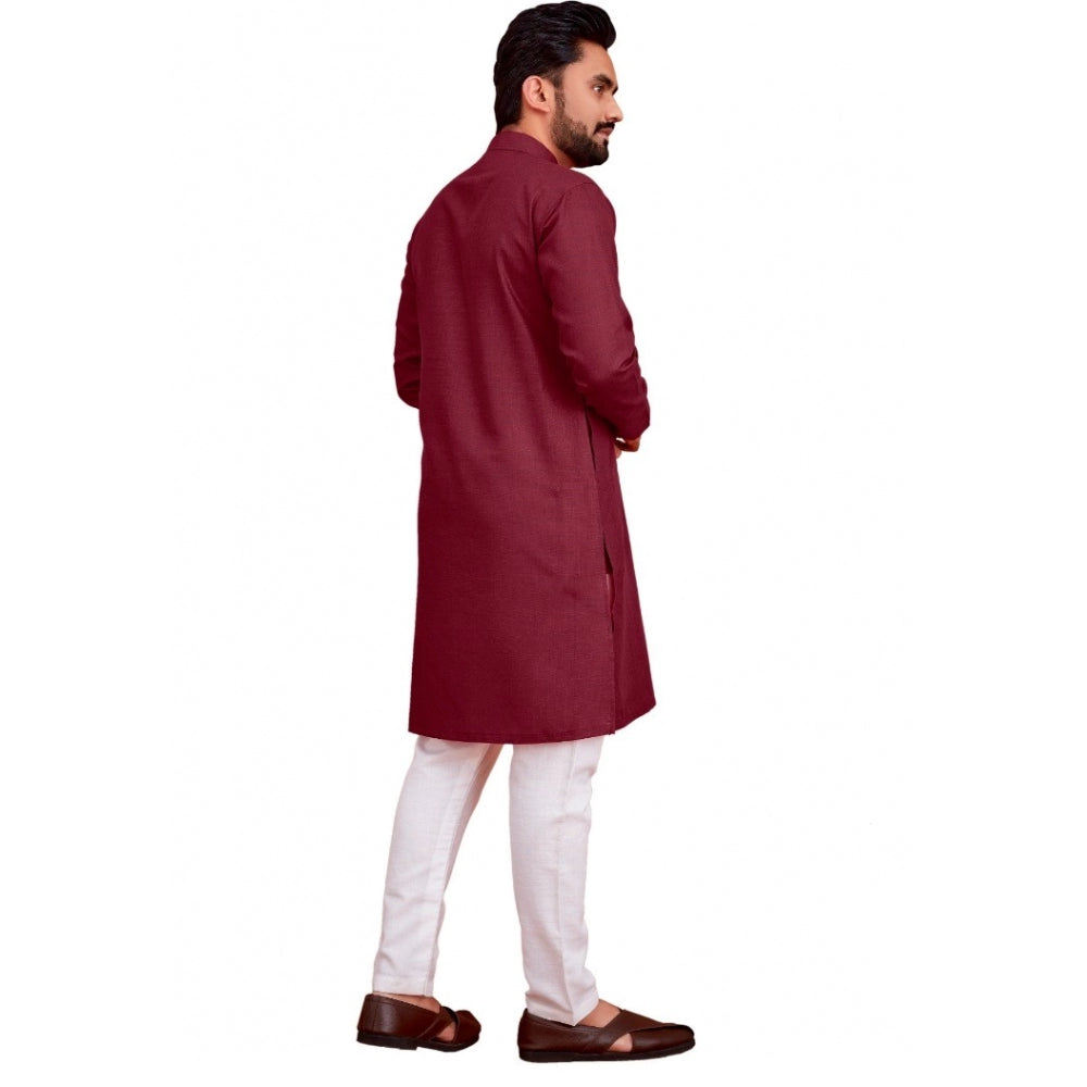 Men's Cotton Blend Solid Full Sleeve Knee Length Kurta (Maroon)