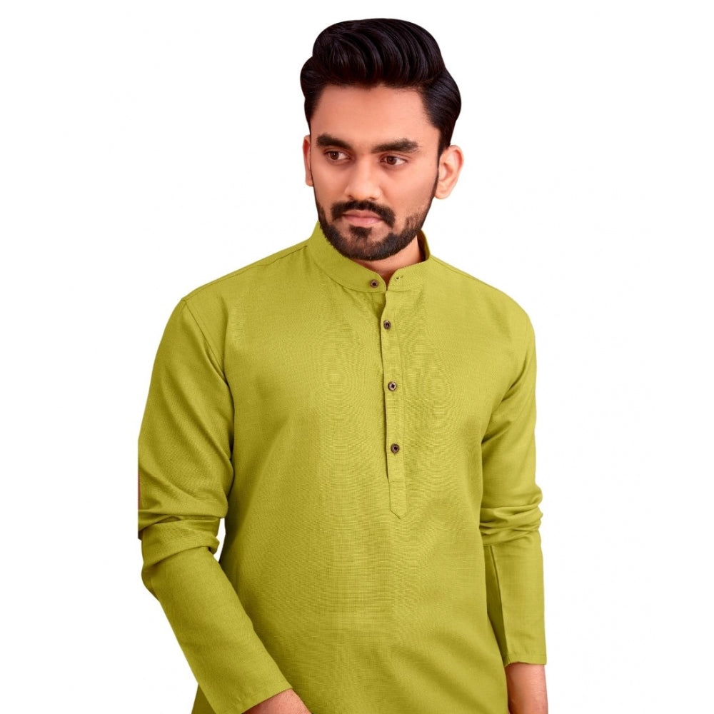 Men's Cotton Blend Solid Full Sleeve Knee Length Kurta (Green)