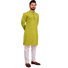 Men's Cotton Blend Solid Full Sleeve Knee Length Kurta (Green)