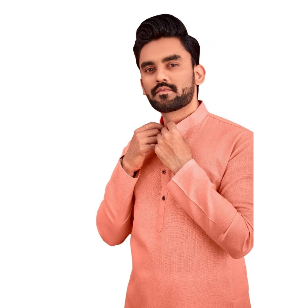 Men's Cotton Blend Solid Full Sleeve Knee Length Kurta (Pink)