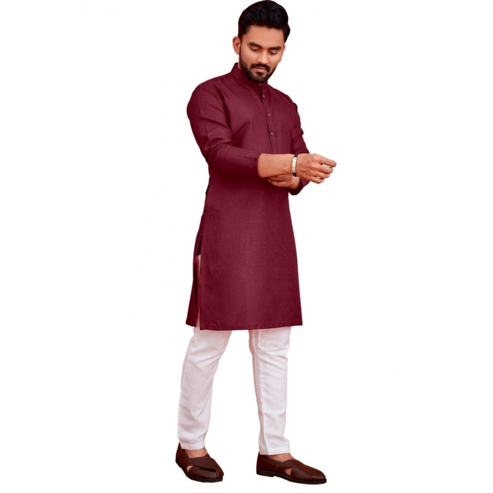 Men's Cotton Blend Solid Full Sleeve Knee Length Kurta (Maroon)