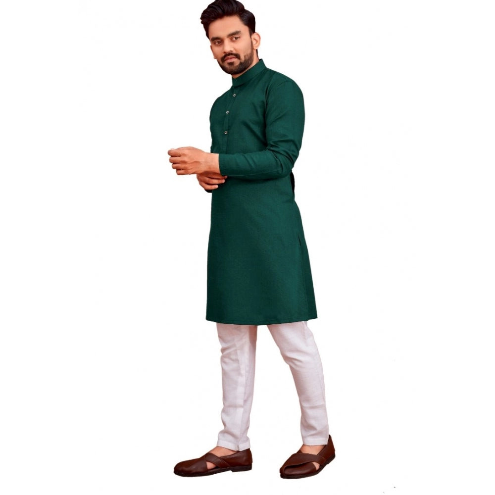 Men's Cotton Blend Solid Full Sleeve Knee Length Kurta (Dark Green)