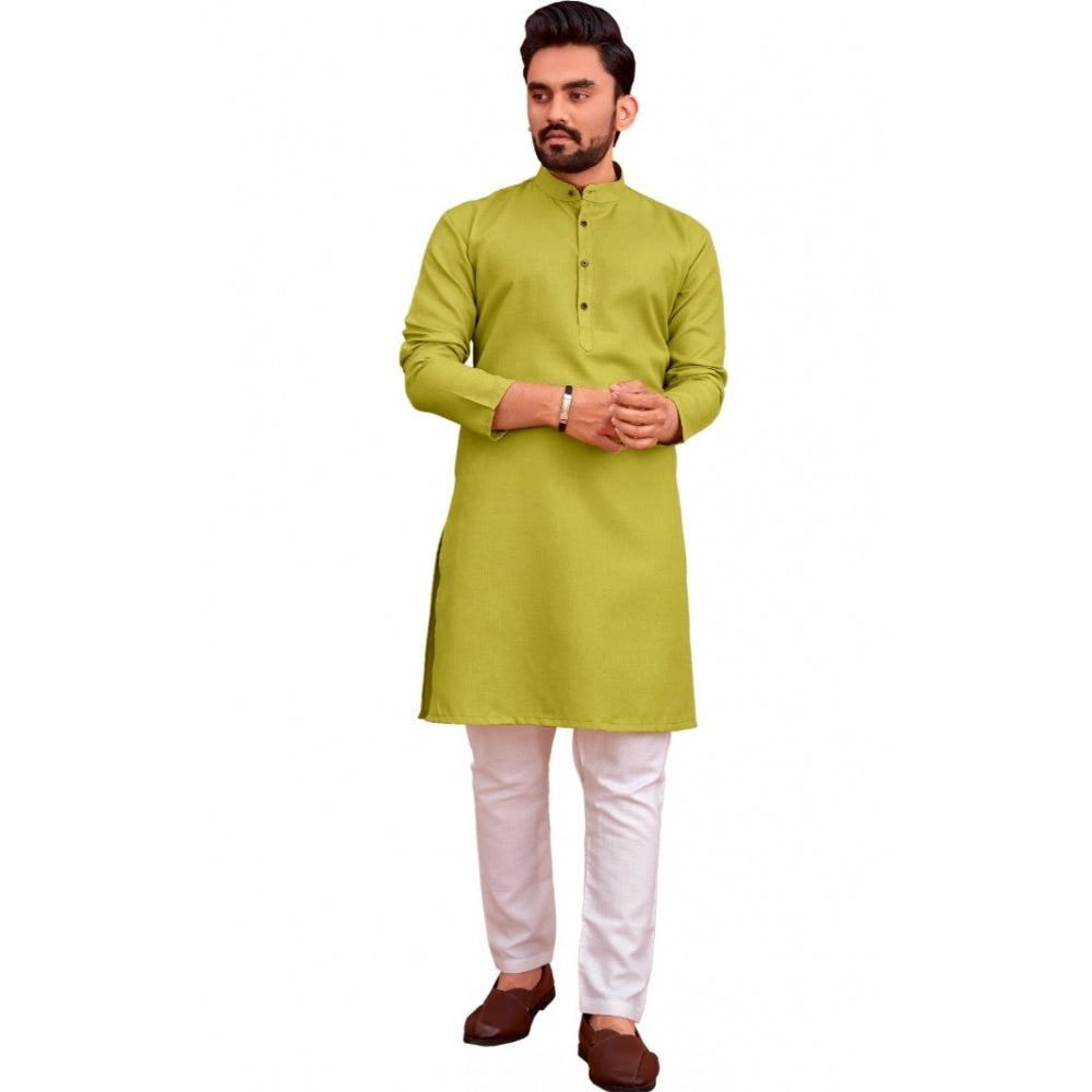 Men's Cotton Blend Solid Full Sleeve Knee Length Kurta (Green)