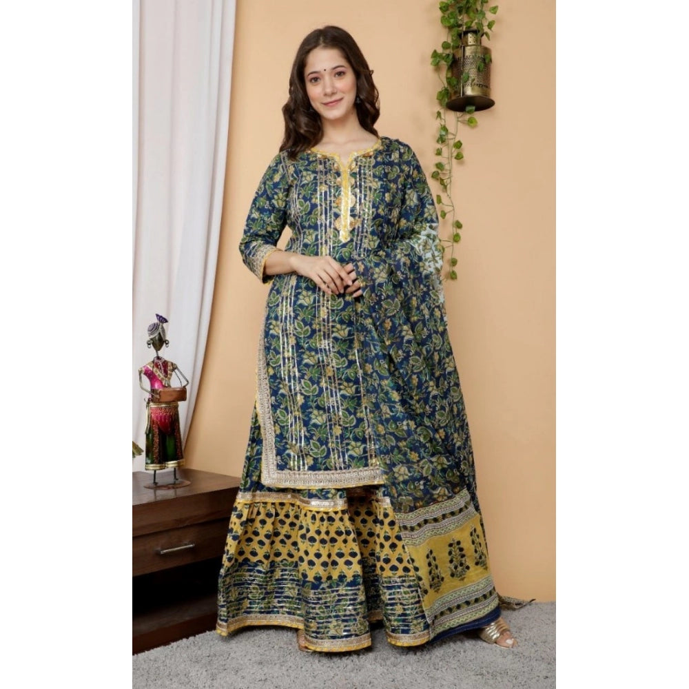 Full Gota Work Cotton Kurti And Sharara With Dupatta Set (Multi Color)