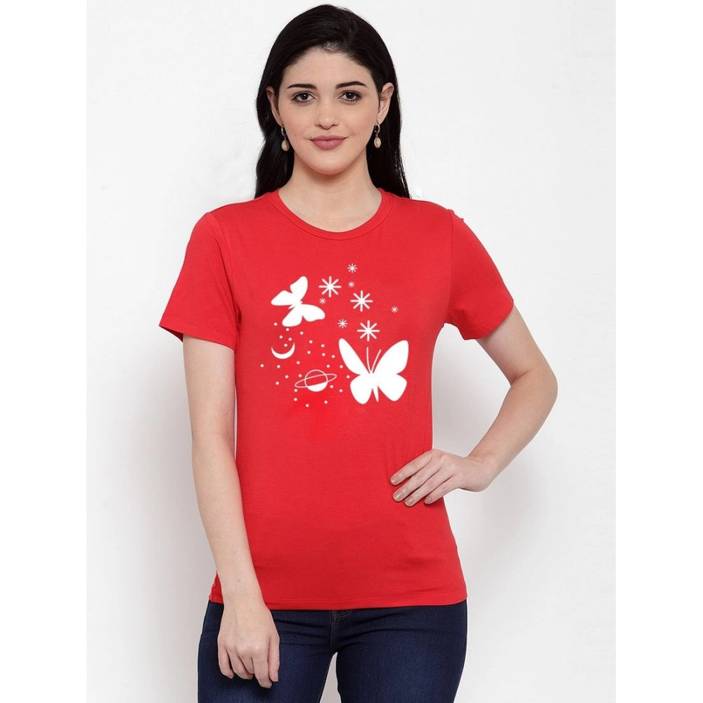 Cotton Blend Butterfly With Star Printed T-Shirt (Red)