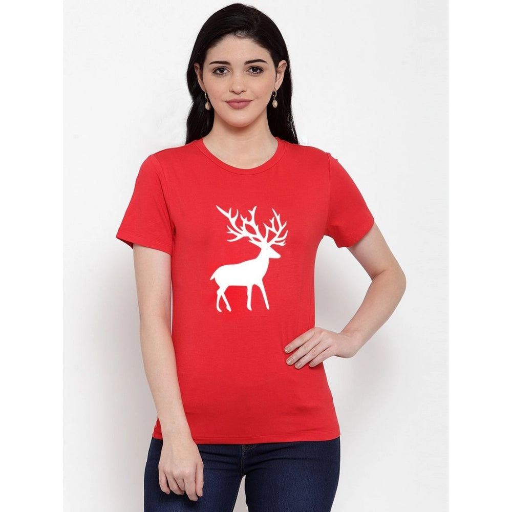 Cotton Blend Deer Printed T-Shirt (Red)