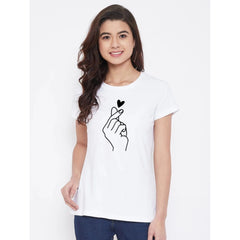 Cotton Blend Hand Heart Line Art Printed T-Shirt (White)