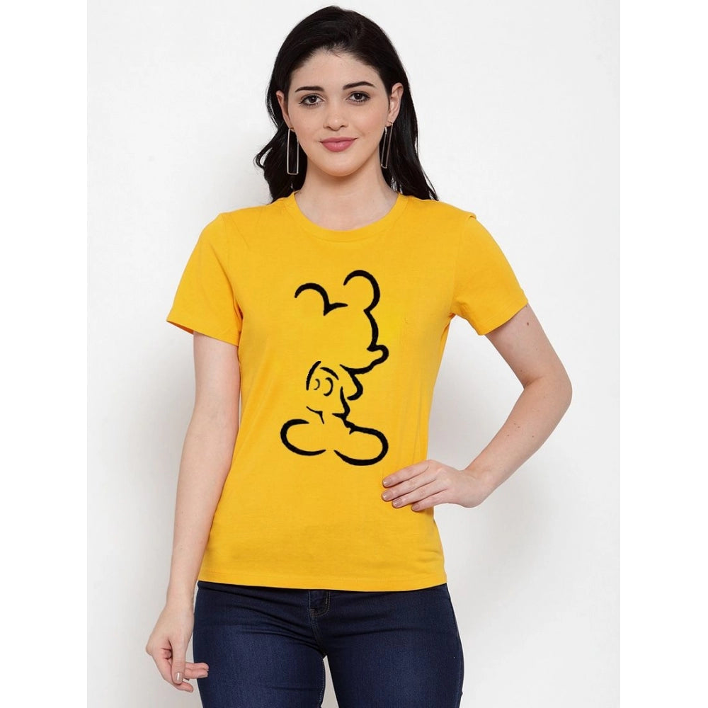 Cotton Blend Mickey Mouse Line Art Printed T-Shirt (Yellow)