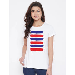 Cotton Blend Purple And Red Lines Printed T-Shirt (White)