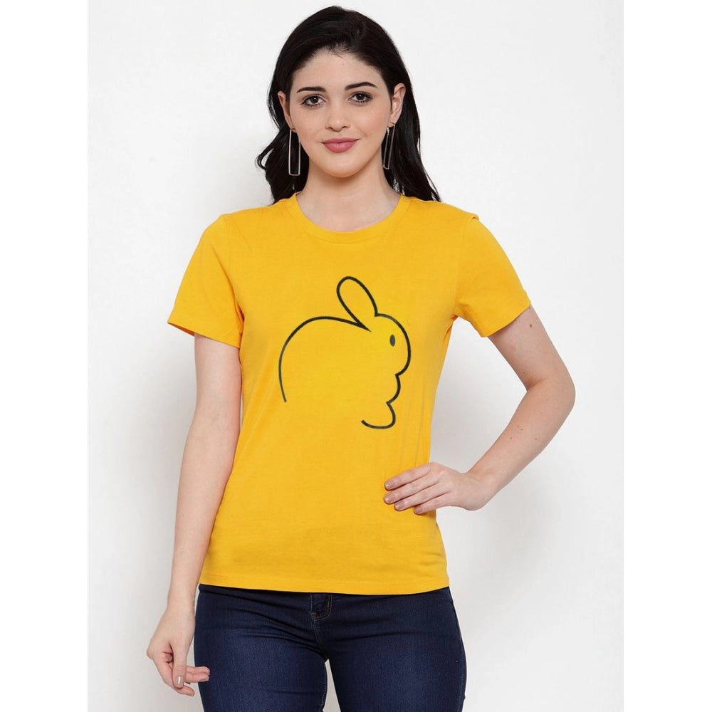 Cotton Blend Rabbit Line Art Printed T-Shirt (Yellow)