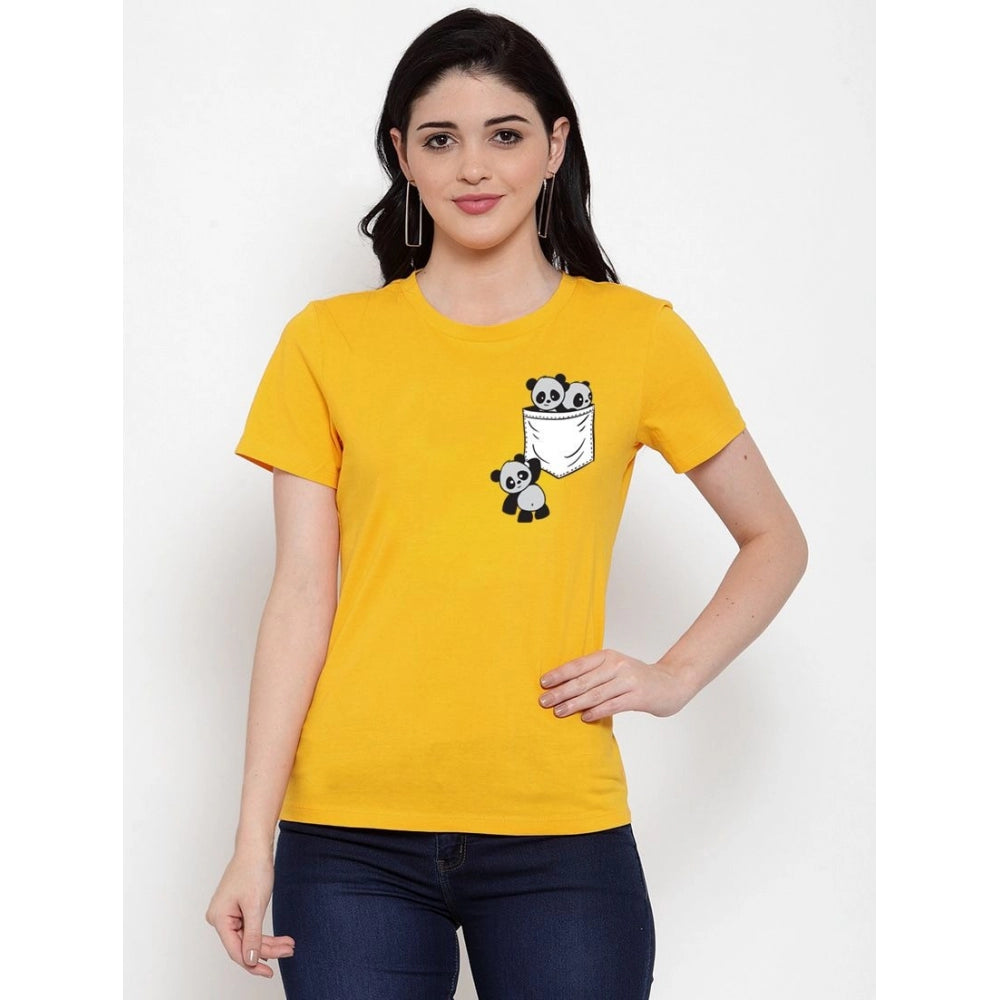 Cotton Blend Pandas In My Pocket Printed T-Shirt (Yellow)