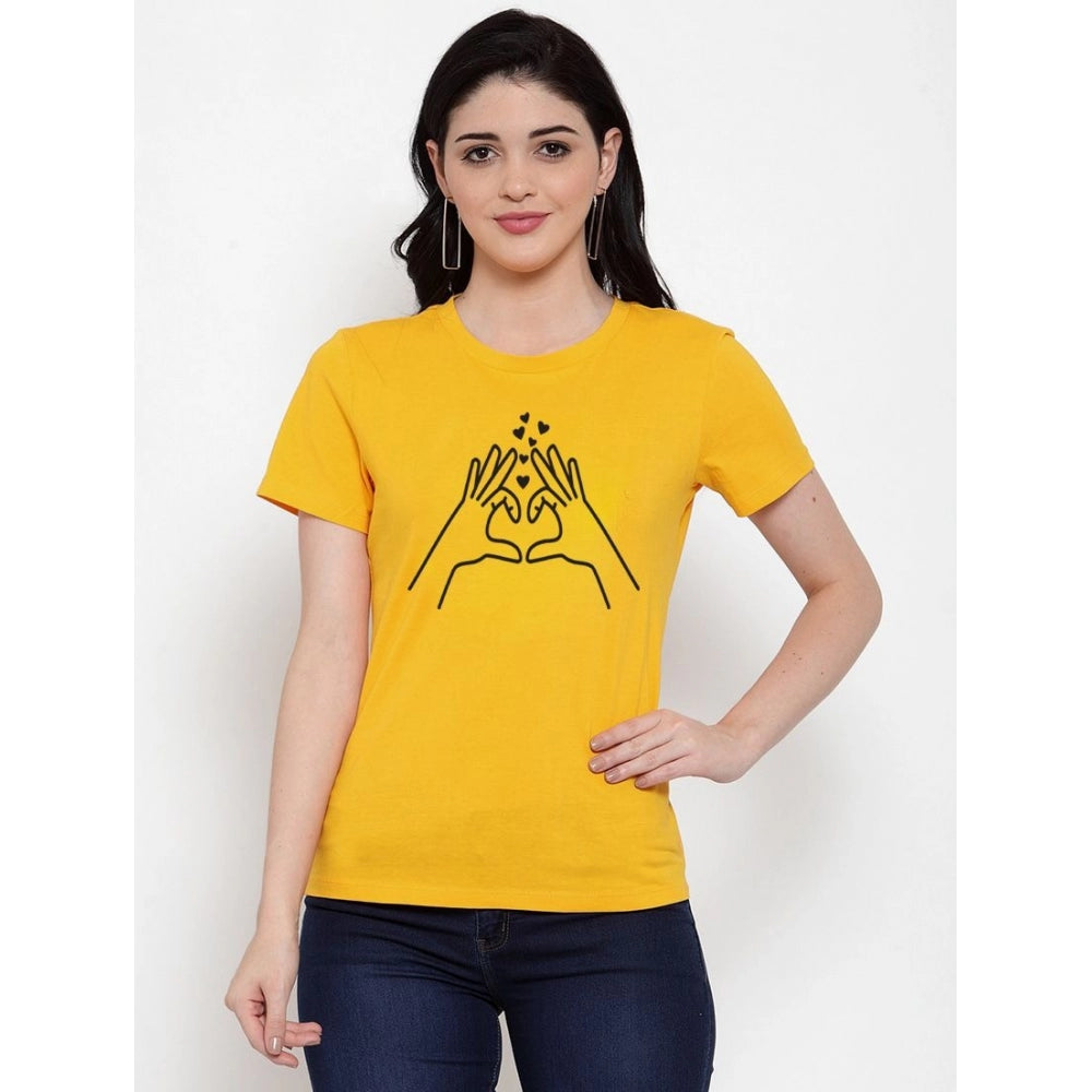 Cotton Blend Heart Hands Line Art Printed T-Shirt (Yellow)