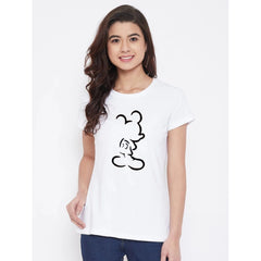 Cotton Blend Mickey Mouse Line Art Printed T-Shirt (White)