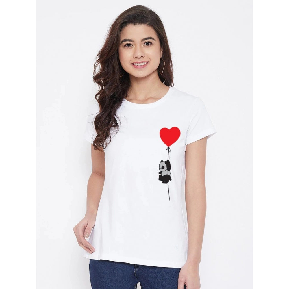 Cotton Blend Panda With Heart Balloon Printed T-Shirt (White)