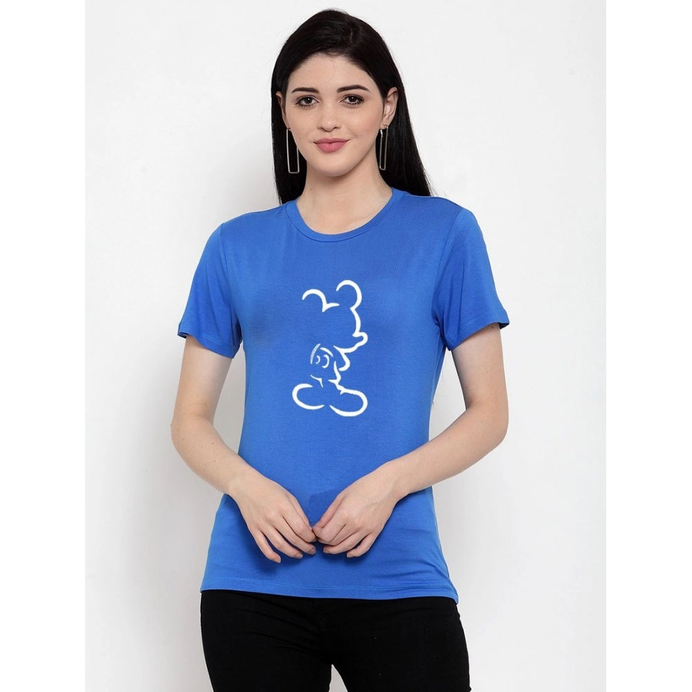 Cotton Blend Mickey Mouse Line Art Printed T-Shirt (Blue)