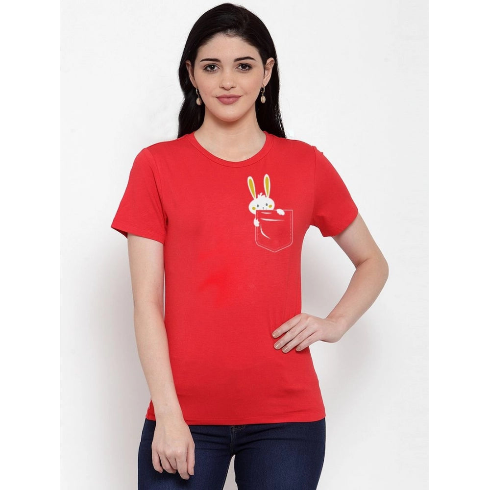 Cotton Blend Rabbit Printed T-Shirt (Red)