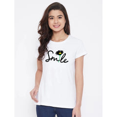 Cotton Blend Smile With Flower Printed T-Shirt (White)