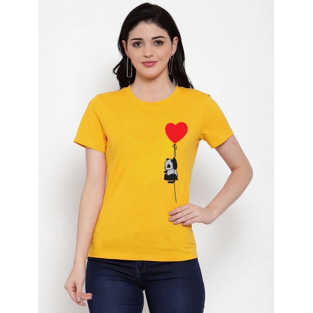 Cotton Blend Panda With Heart Balloon Printed T-Shirt (Yellow)