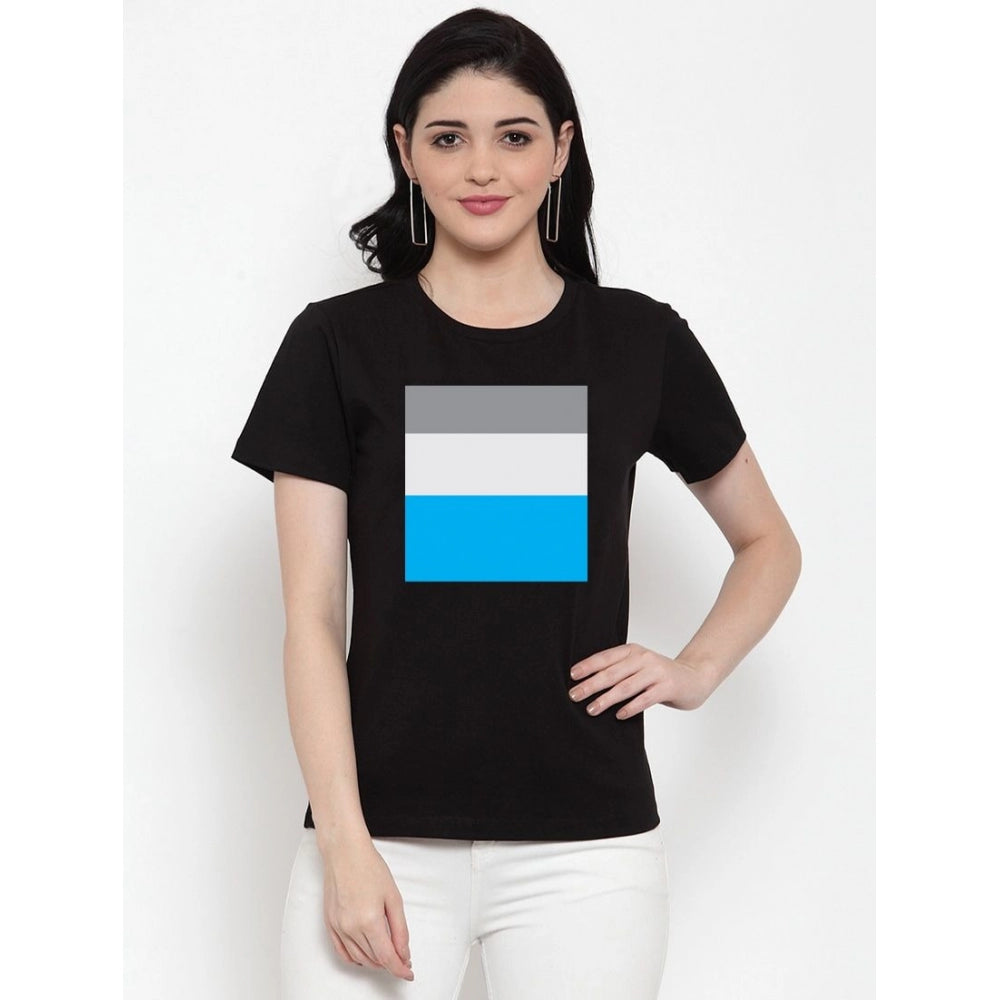 Cotton Blend Three Color Strip Design Printed Printed T-Shirt (Black)