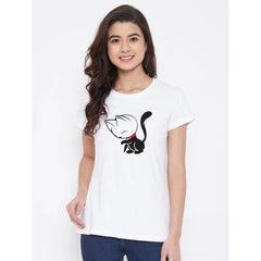 Cotton Blend Cat Printed T-Shirt (White)