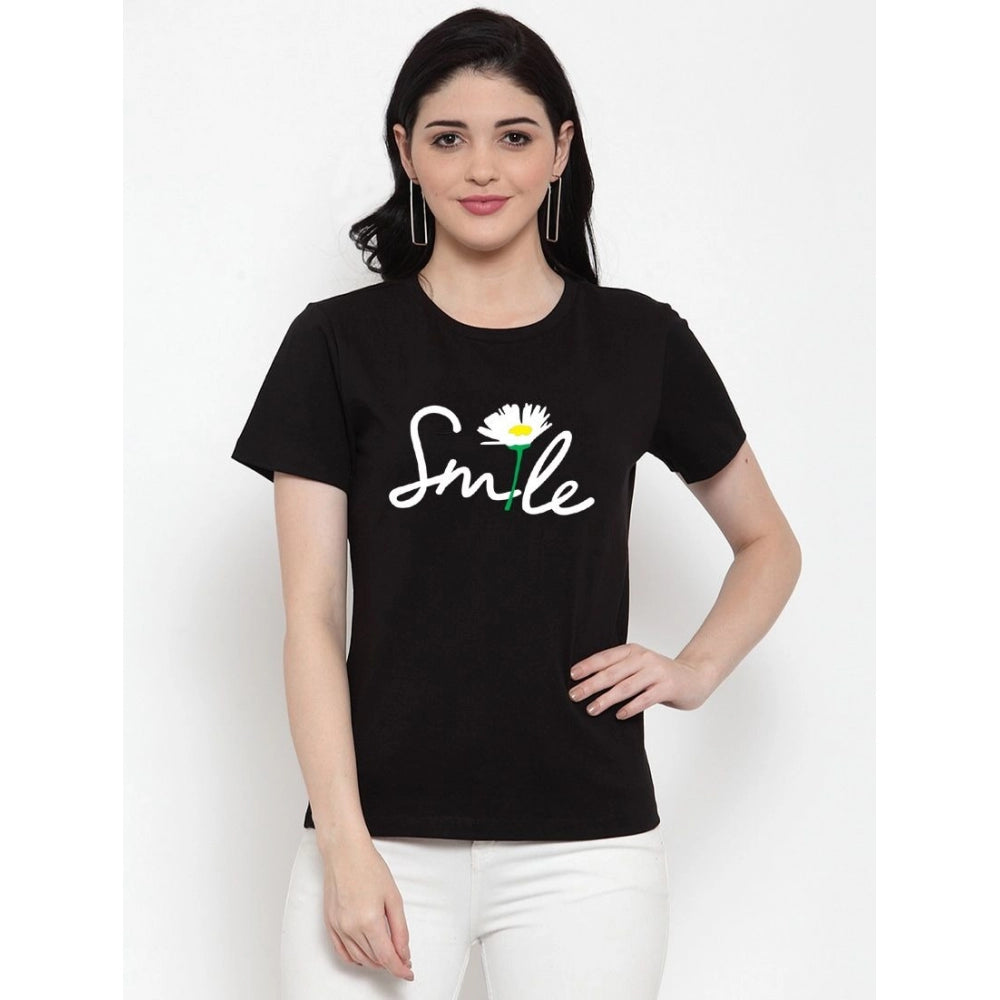 Cotton Blend Smile With Flower Printed T-Shirt (Black)