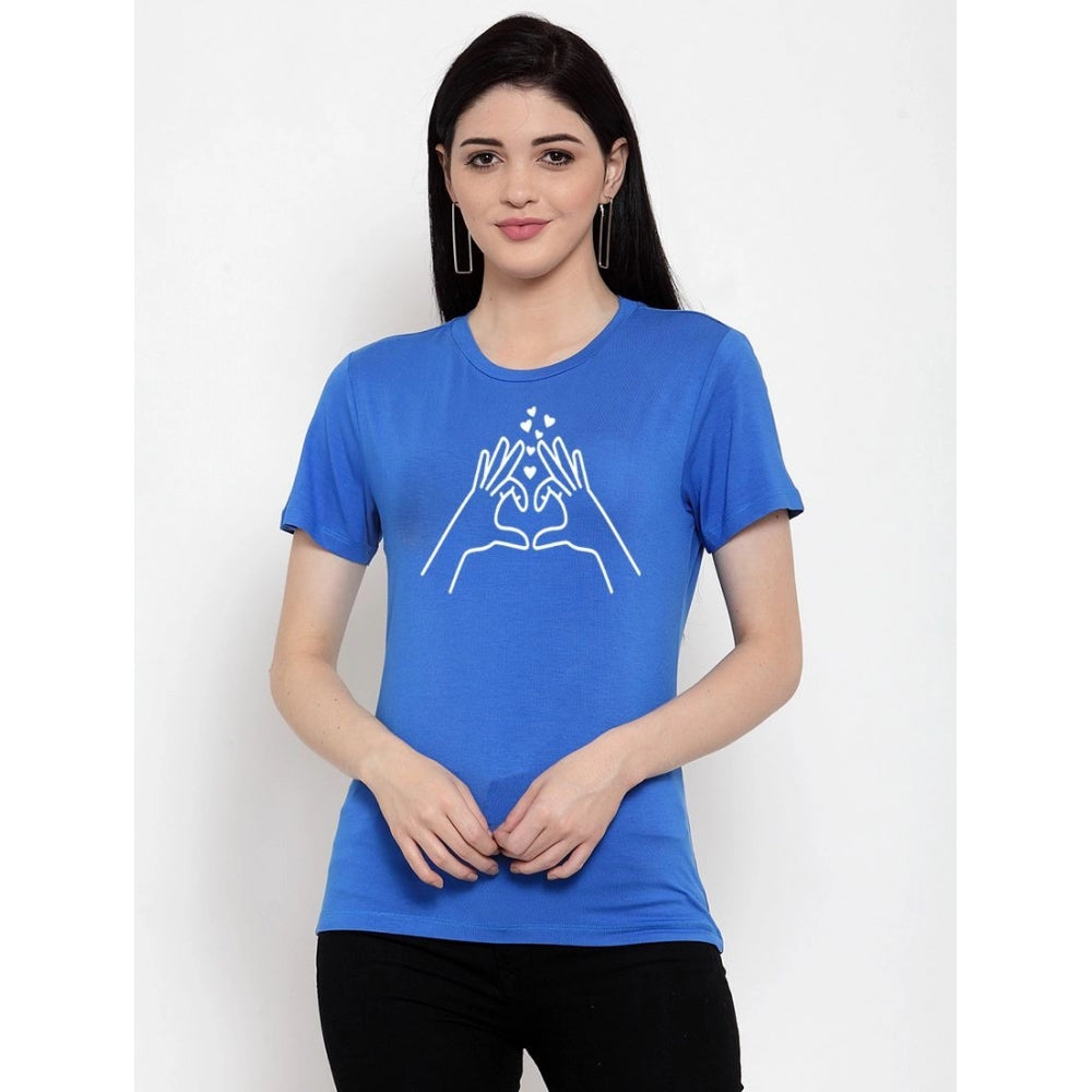 Cotton Blend Heart Hands Line Art Printed T-Shirt (Blue)