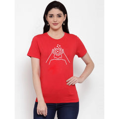 Cotton Blend Heart Hands Line Art Printed T-Shirt (Red)