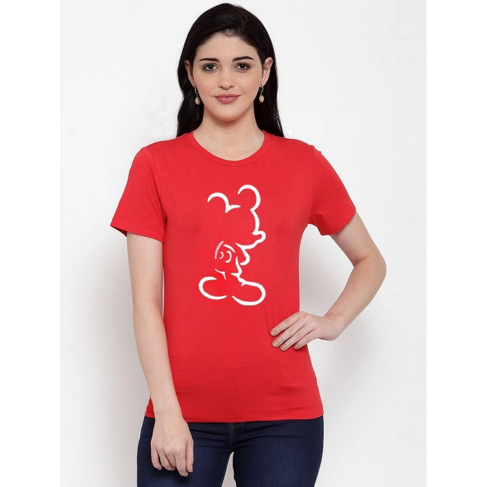 Cotton Blend Mickey Mouse Line Art Printed T-Shirt (Red)