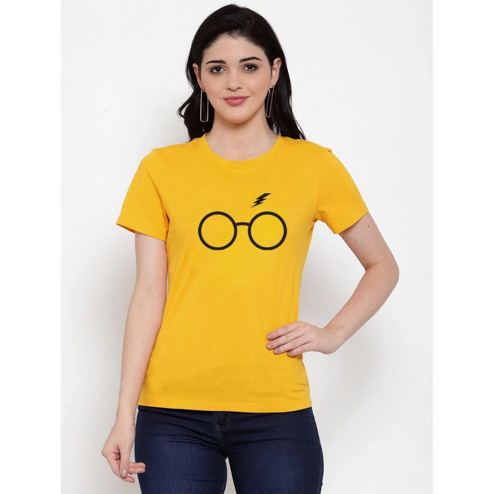 Cotton Blend Centre Black Eye Glasses Line Art Printed T-Shirt (Yellow)