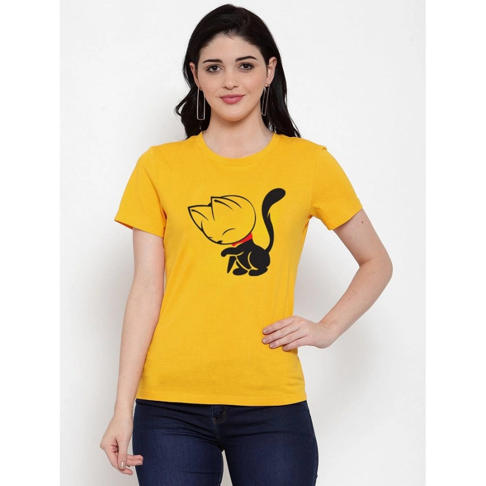 Cotton Blend Cat Printed T-Shirt (Yellow)